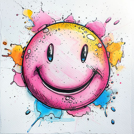 Drawing of cute and cartoonish smiley face tattoo, bright and cheerful, on white