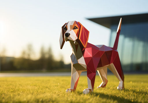 A beagle walks on the grass in the style of Oscar Niemeyer