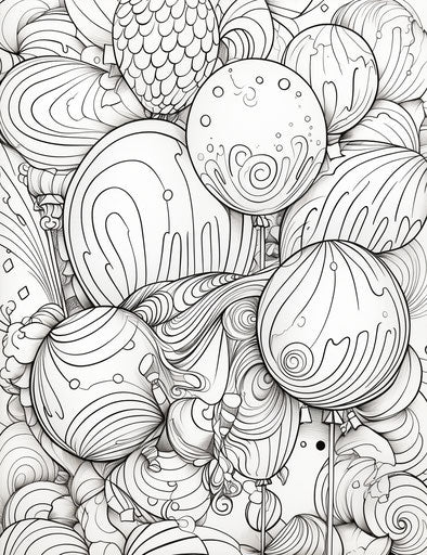 Happy birthday coloring page with balls and balloons