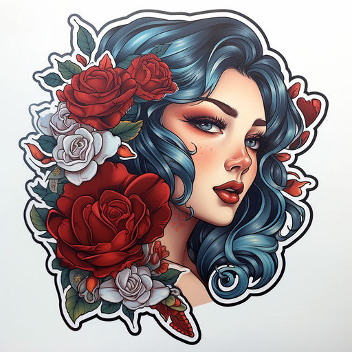 Beautiful girl sticker, neotraditional style, young british artists, tattoo, folkloric, light azure and maroon