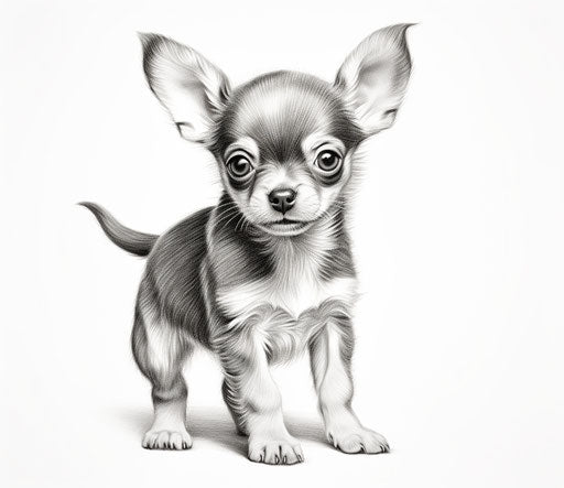 A small chihuahua puppy in black and white on white background