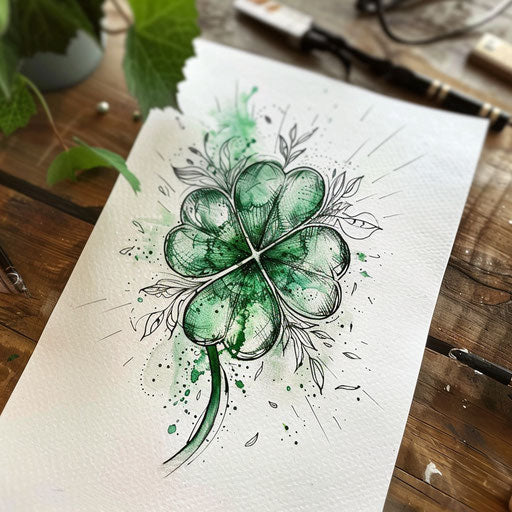 Flat tattoo sketch of a 4 leaf clover with fine details