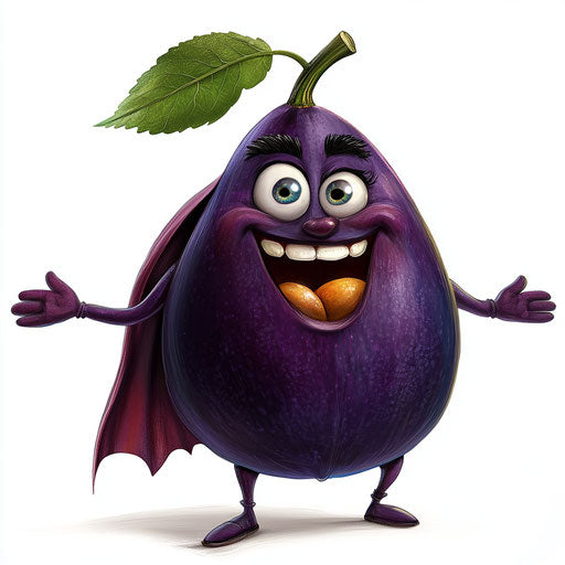 Humorous caricature of a plum with human characteristics
