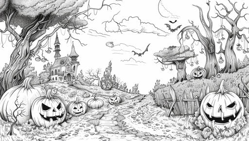 Halloween coloring with pumpkins and jack o'lanterns, in lush landscape