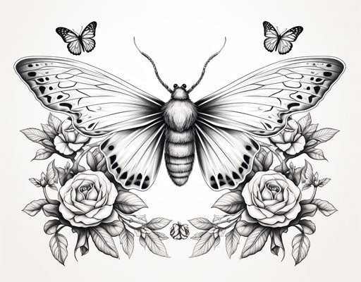 Black and white drawing of spider with moth on roses and vintage illustration