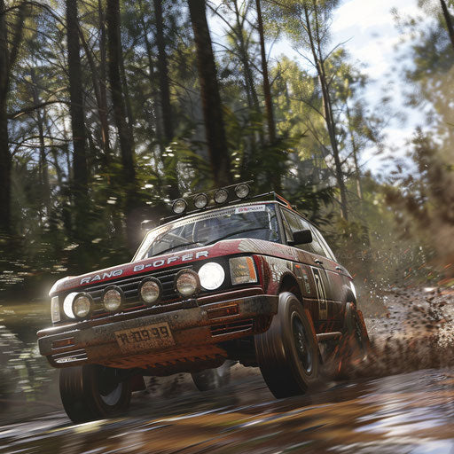 Modified SUV competing in rally race through forest