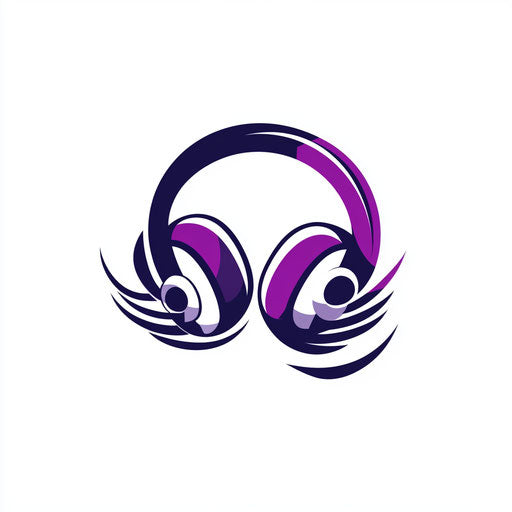 Minimalist DJ logo with stylized musical note and headphones, modern typography, purple and navy, on flat white background