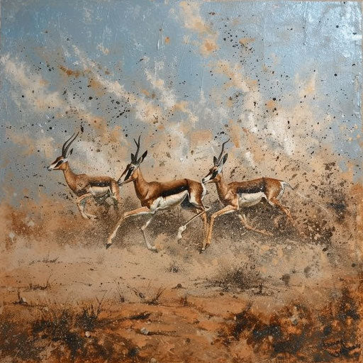 Gazelles chasing in a cloud of dust on dry plains