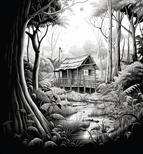 Halloween in the jungle coloring, haunting houses style