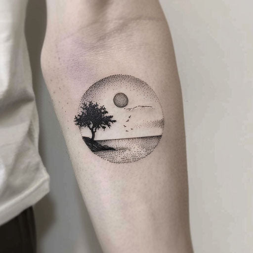 Peaceful sketch of a sunset over water, in dots