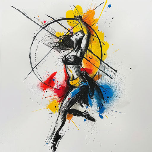 Dynamic flat tattoo sketch of a dancer balancing with bright primary color splashes