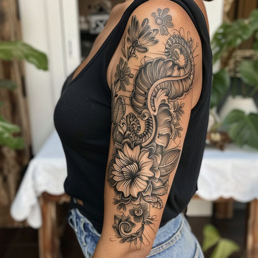 Biomechanical tattoo with floral designs