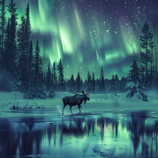 A moose beside a frozen lake, under the ethereal glow.