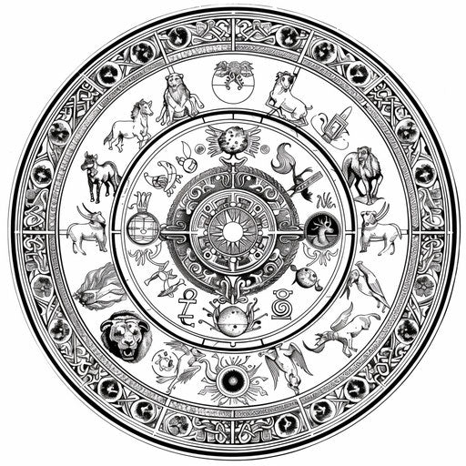 Zodiac symbols around a circle, coloring book page