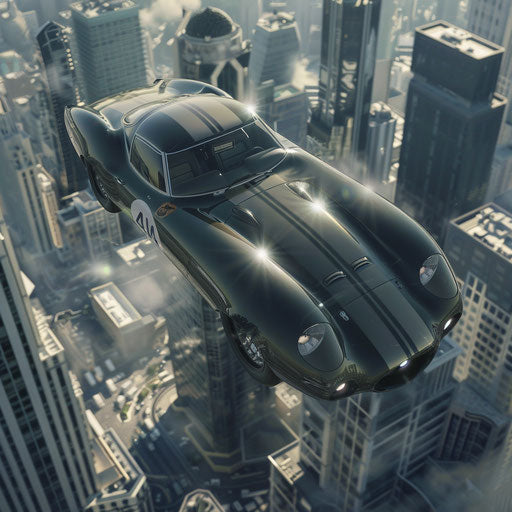 Flying Shelby Daytona with jet engines above futuristic cityscape