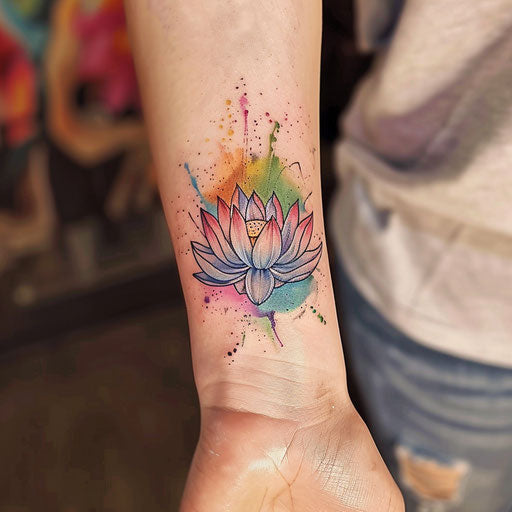 Tattoo sketch of a serene lotus flower with watercolor splashes for wrist coverup tattoo for women