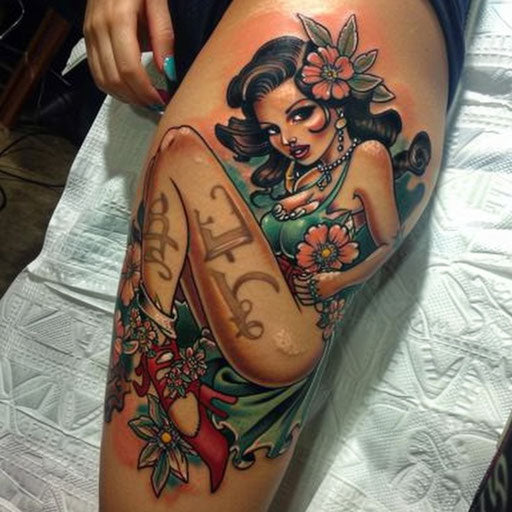 Men's tattoo with pin-up girl, Ed Hardy style