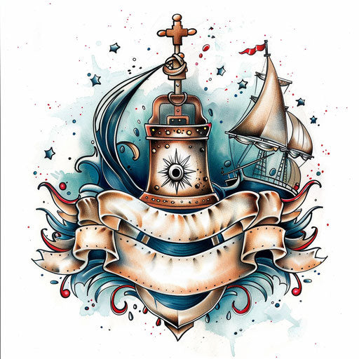 Navy tattoo with ship's bell, blank banner