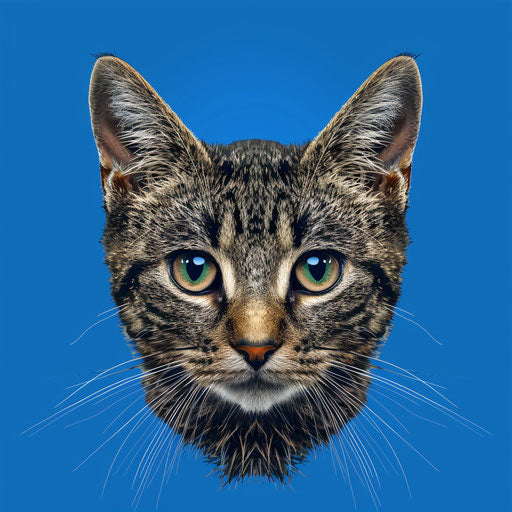 Realistic cat face clipart shines on royal blue background