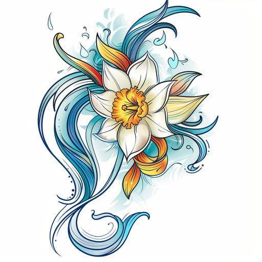 Dynamic flat tattoo sketch of swirling daffodil, March birth flower, Art Nouveau hint
