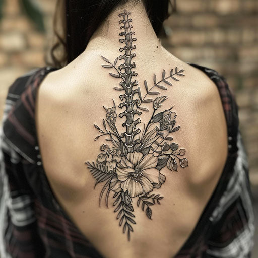 Realistic black and gray spine tattoo for women