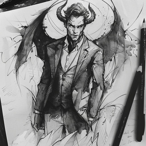 Modern tattoo sketch of Lucifer in a suit