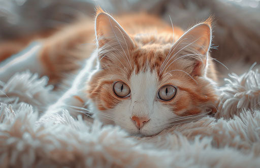 Cat on a fluffy carpet, light maroon and white colors