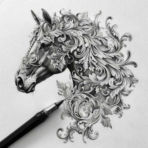 Elegant flat tattoo sketch of a dark horse with ornate Victorian floral patterns