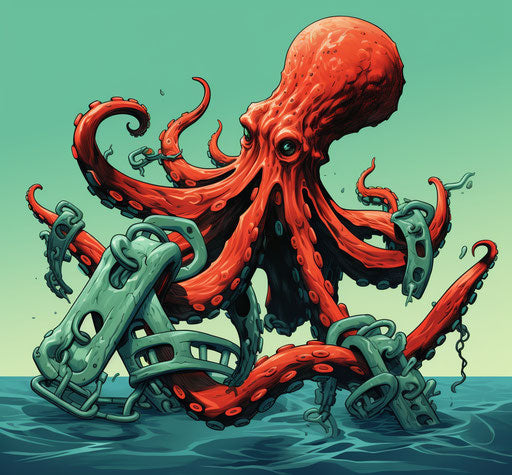 Octopus with weapons, gothic cartoon style, cassaday