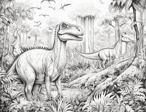 Dinosaurs in the forest coloring page
