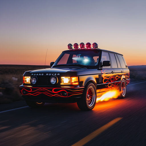 Customized Range Rover on deserted highway at dusk