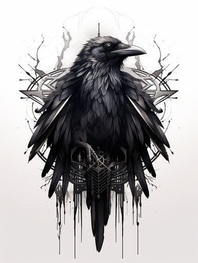 Tattooed raven in the Stark visuals, kimoicore, crowcore style