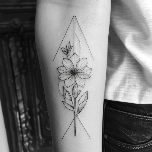 Geometric wildflower tattoo, sharp lines and soft petals
