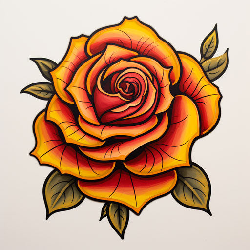 Rose tattoo by squirrel and bear, vibrant neo-traditional style, yellow and crimson, shaped canvas, detailed drawing, flower power, goosepunk, simple designs