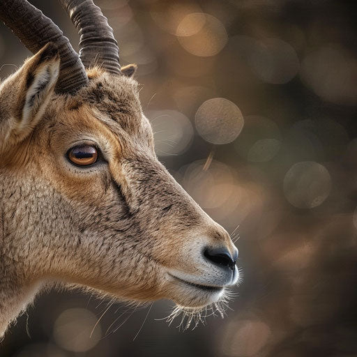 Close-up of an ibex's face with soft bokeh background