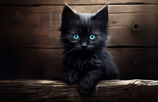 Black kitten on wood, dark indigo and light black style, poignant