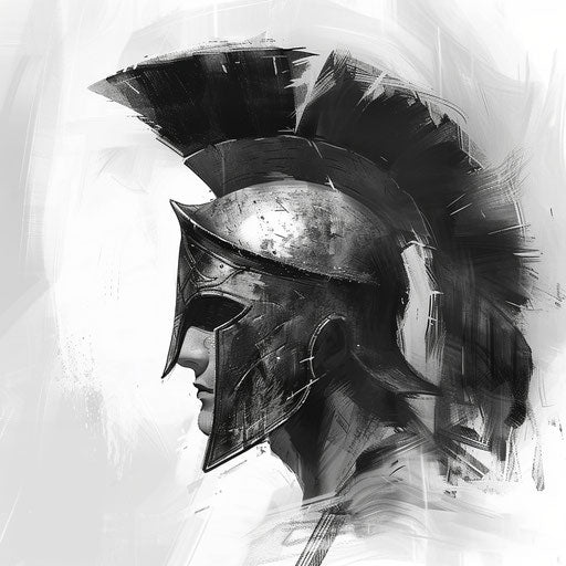 Spartan warrior's face in grayscale on white background