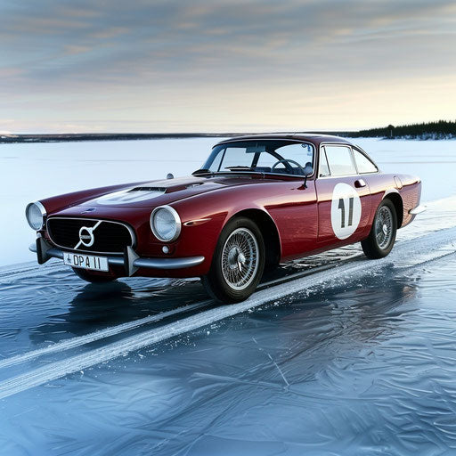 1966 Volvo P1800 ice racing on frozen lake