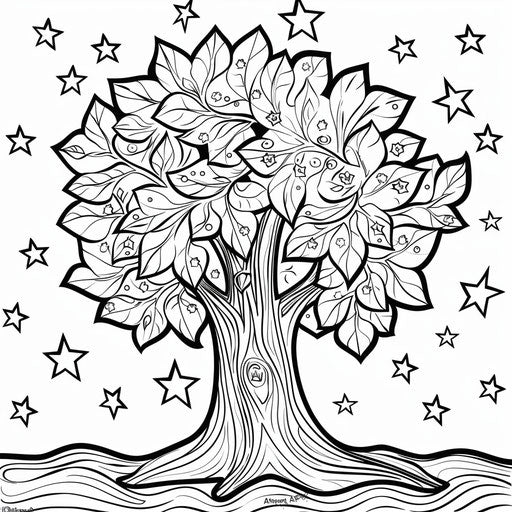 A whimsical tree with star-shaped leaves. Coloring book page