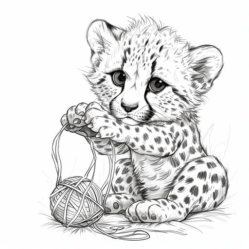 A playful cheetah cub playing with a ball of yarn