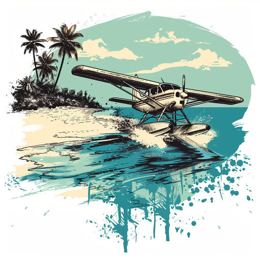 Exotic flat tattoo sketch of a seaplane landing on a tropical island