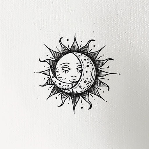Abstract, minimalist tattoo design of sun and moon, interconnected, on white background