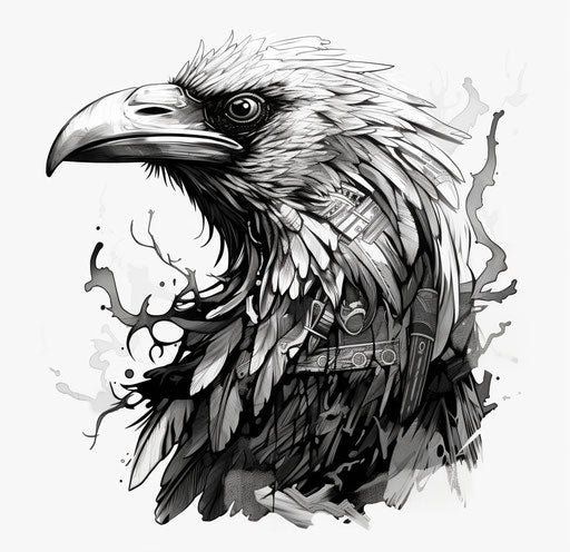 Black and white ink raven from Xornaax, Alex Alemany style