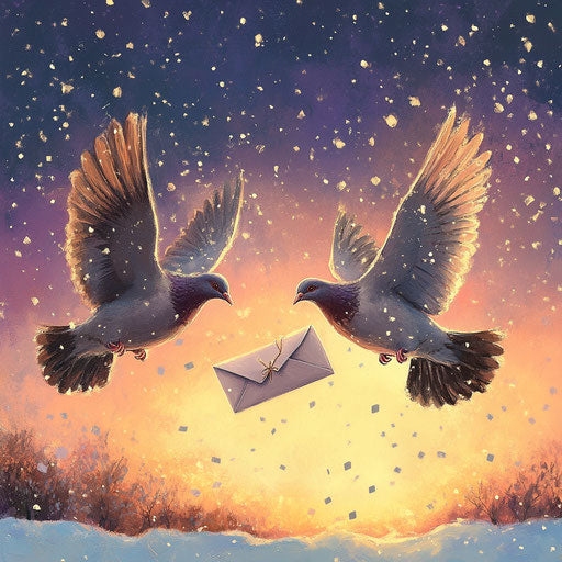 Two turtle doves delivering letters and gifts in snowy sky.