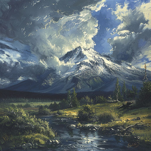 Shasta Mountain, a historical depiction with detailed brushstrokes and dramatic skies