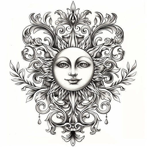 Elegant tattoo sketch of a rising sun with baroque flourishes in a clipart style