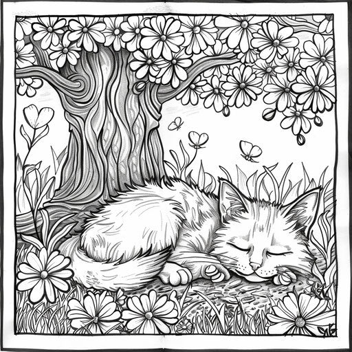 Sleeping cat under blooming tree, whimsical scene