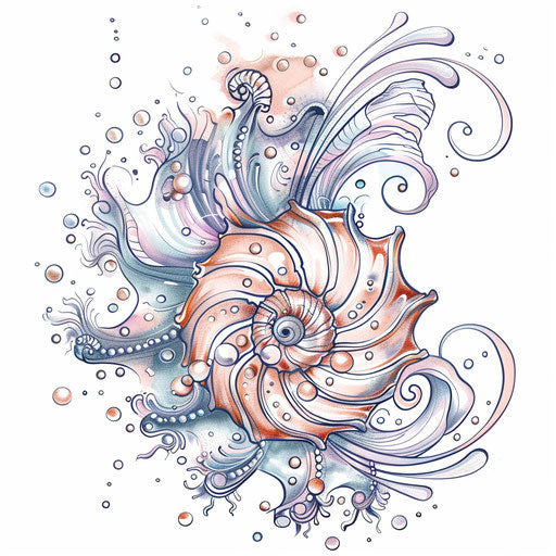 Swirled seashell and pearls navy tattoo, delicate pastel colors on white