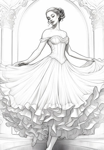 Ballerina coloring, colorful Moebius style, contest winner, grisaille