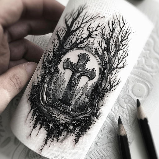 Gothic cross in a dark, mystical forest